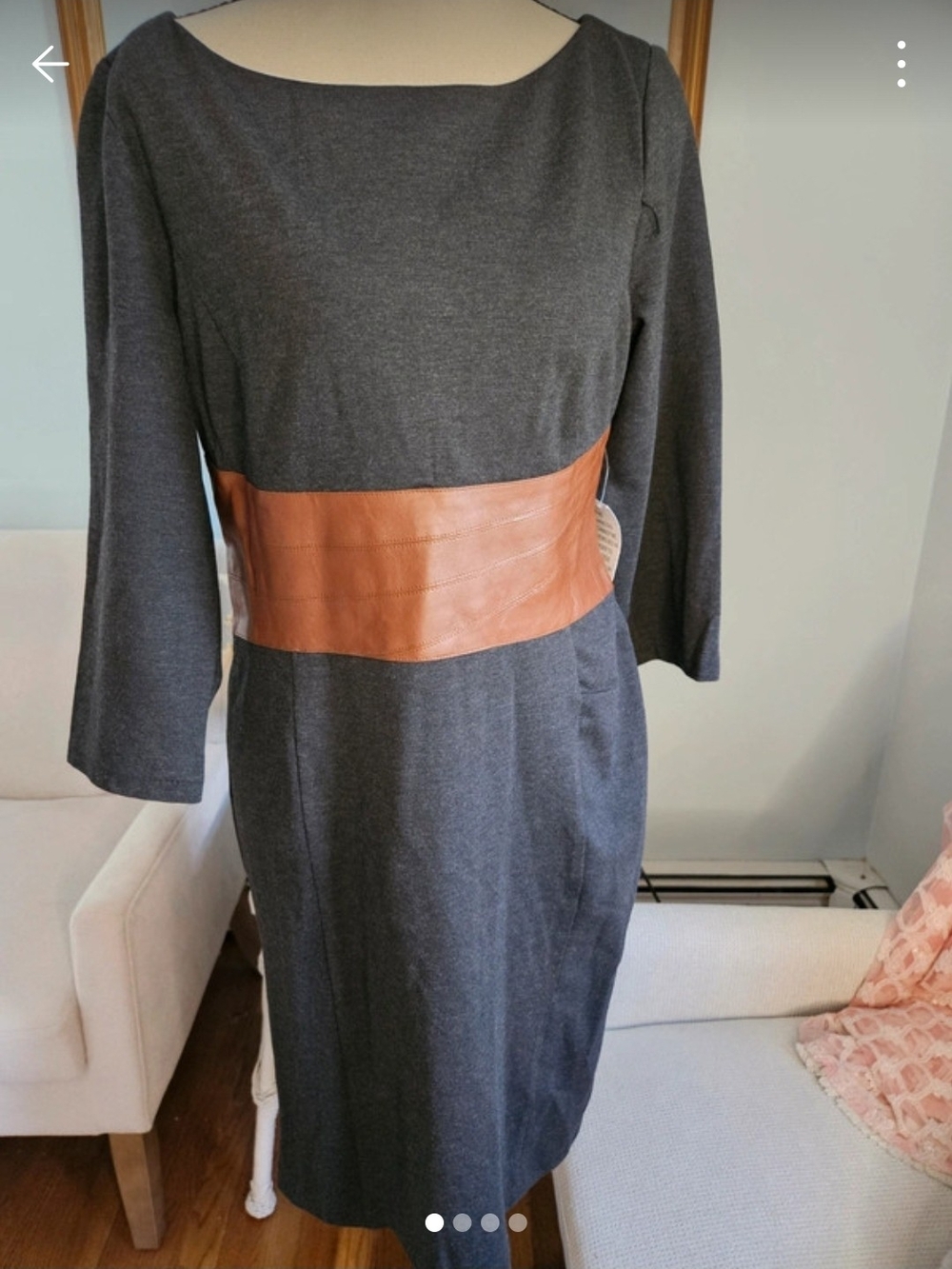 Classic Gray Sheath Dress with Brown Leather Waist Panel.